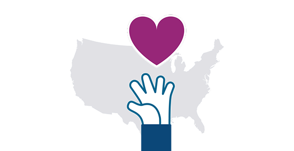 A hand holding a heart above a map of the United States.