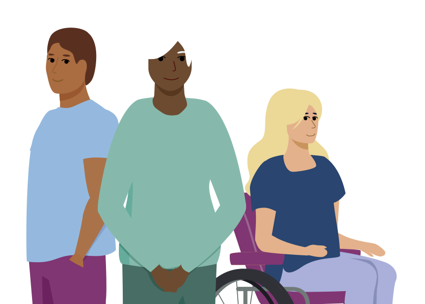An illustration of three people looking forward and smiling. Two people are standing; one is seated in a wheelchair.