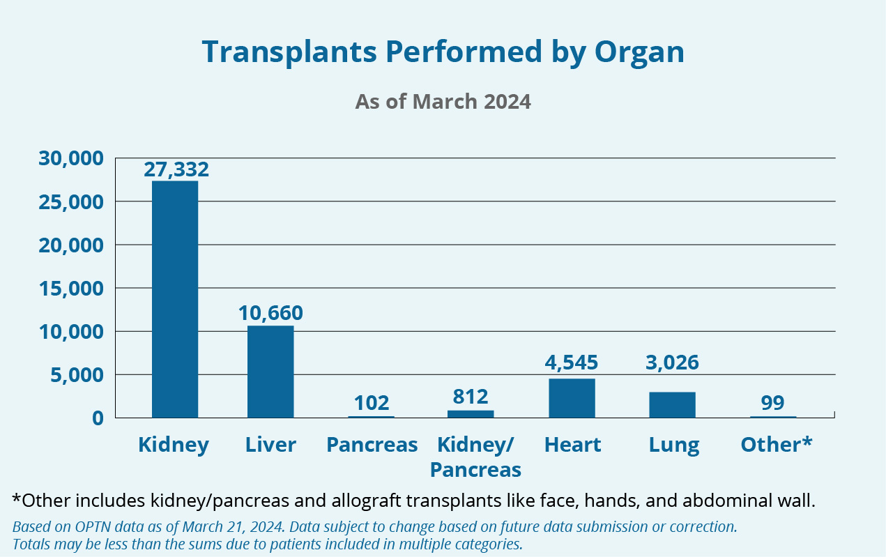 Un gráfico de barras que muestra los trasplantes realizados por órgano. Haga clic en el siguiente enlace "Descripción detallada" para obtener más información.