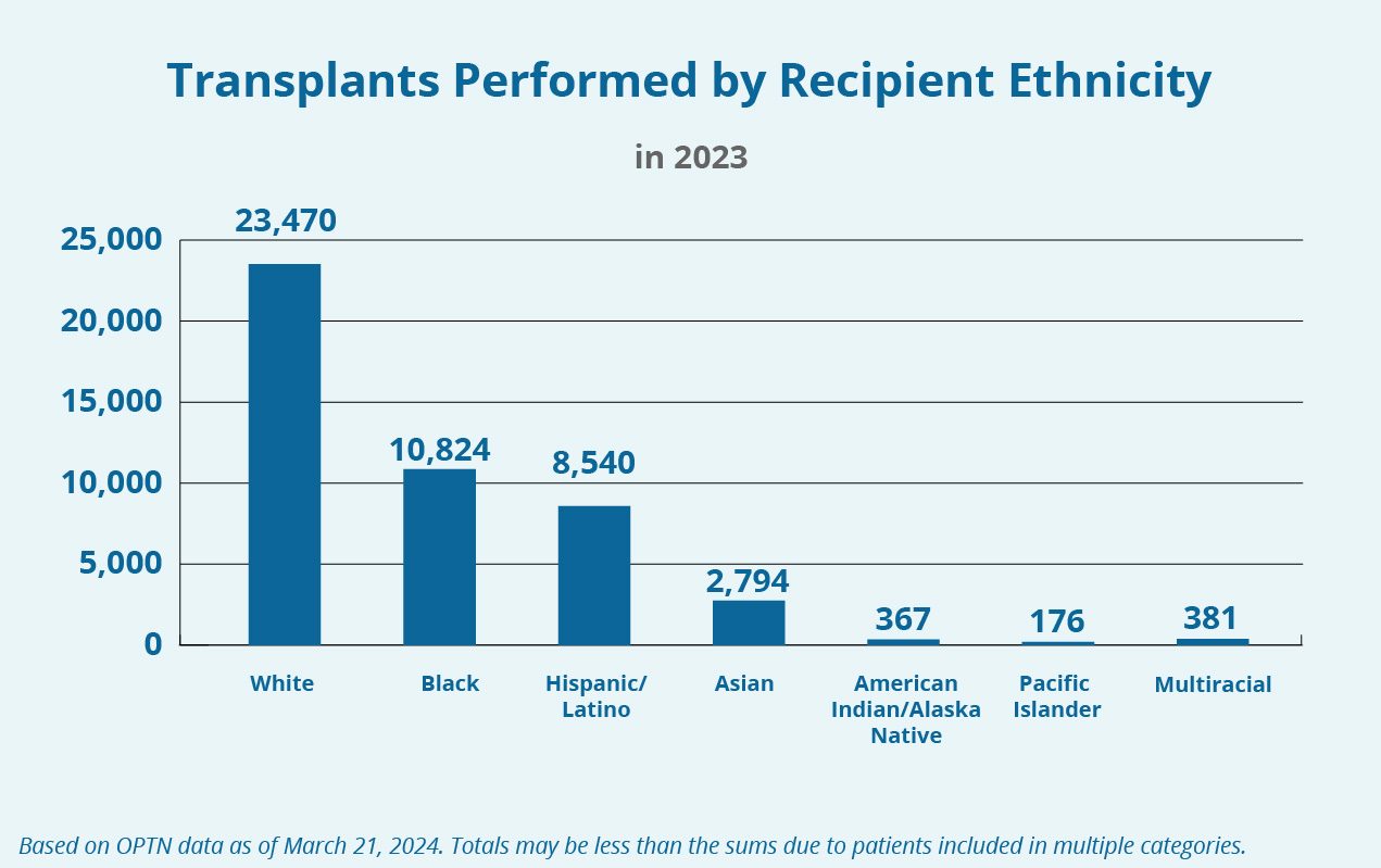 Un gráfico de barras que muestra la cantidad de trasplantes realizados en 2023 por origen étnico del beneficiario. Visite el enlace a continuación Descripción detallada para obtener más información.