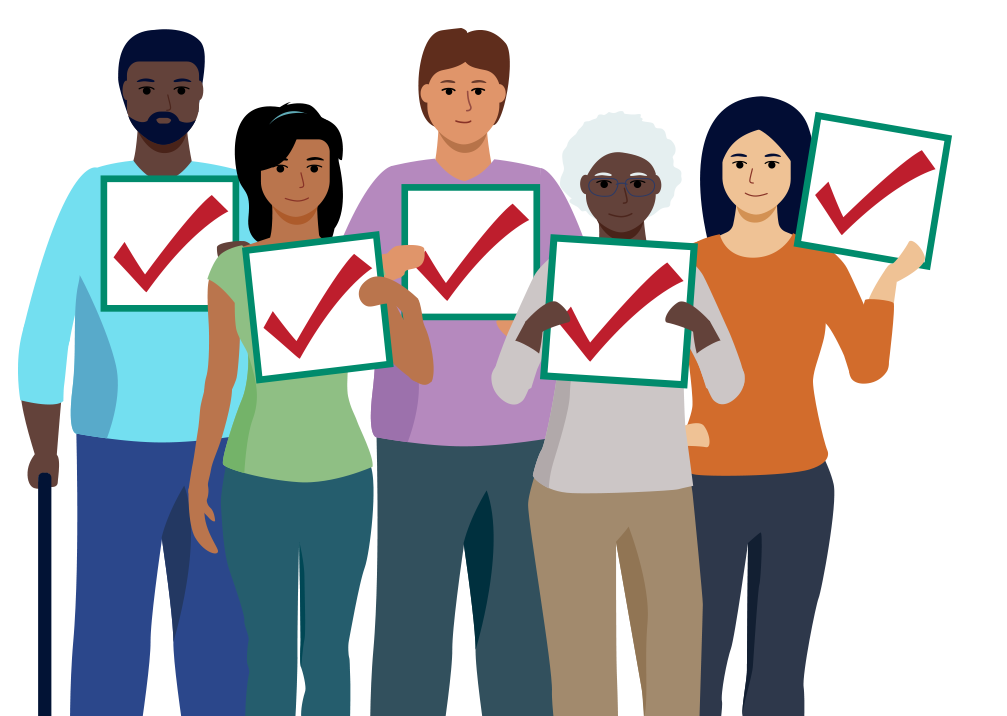 An illustration of a group of diverse people holding check marks.