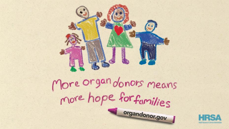 A child's drawing of a family. Text reads, "More organ donors means more hope for families organdonor.gov"