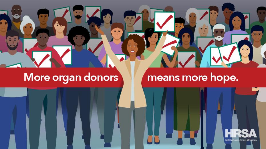 Una ilustración de muchas personas con marcas de verificación. El texto dice: "Más donantes de órganos significa más esperanza".