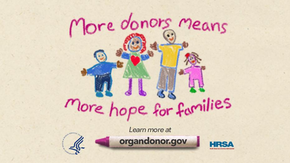 A child's drawing of a family. Text reads, "More organ donors means more hope for families organdonor.gov"