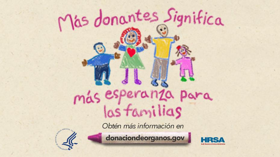 A child's drawing of a family. Text reads, "Más donantes de órganos significa más esperanza para familias organdonor.gov"