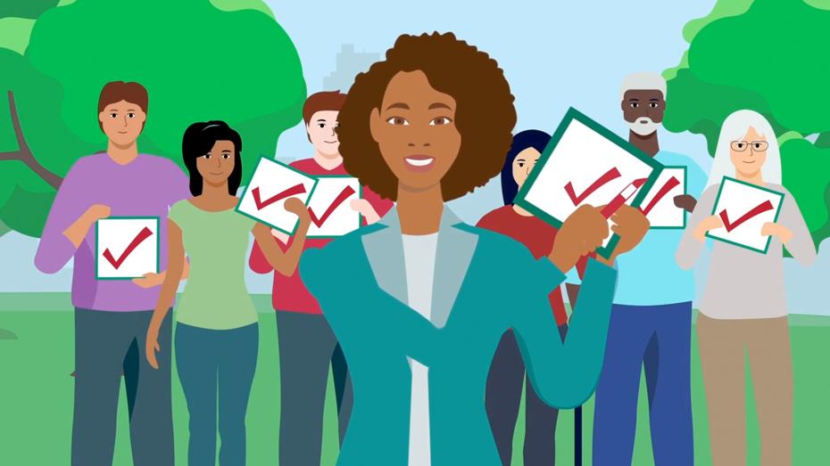 Una ilustración de un grupo de personas sonriendo y sosteniendo marcas de verificación.