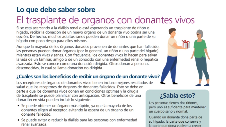 Una hoja de datos que explica los beneficios, los resultados y las consideraciones de la donación de órganos en vida para posibles donantes vivos.