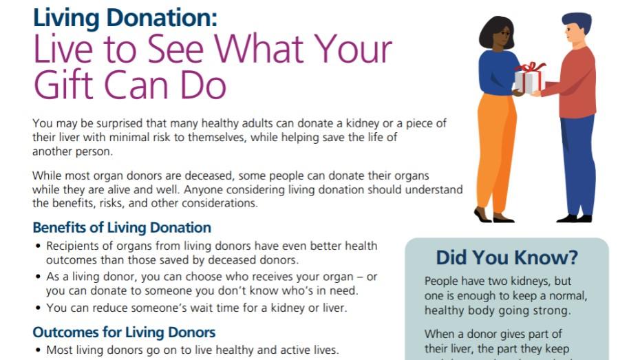 A fact sheet explaining living organ donation benefits, outcomes, and considerations for potential living donors.