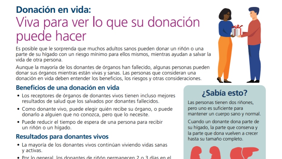 Una hoja de datos que explica la información, los beneficios y las consideraciones sobre la donación de órganos en vida para los posibles receptores de trasplantes de donantes vivos.