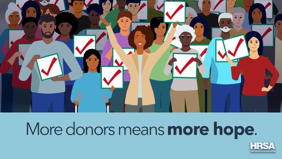 Una ilustración de muchas personas con marcas de verificación. El texto dice: "Más donantes significa más esperanza".