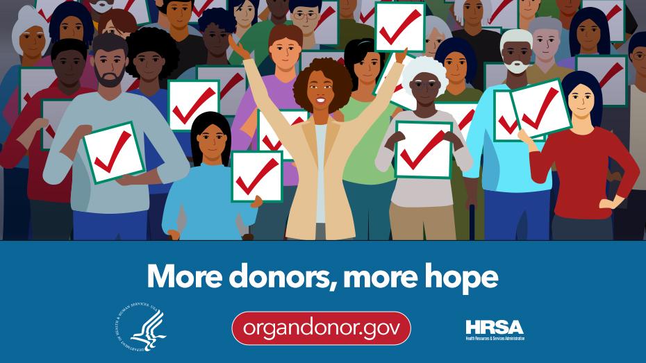 Una ilustración de muchas personas con marcas de verificación. El texto dice: "Más donantes, más esperanza organdonor.gov"